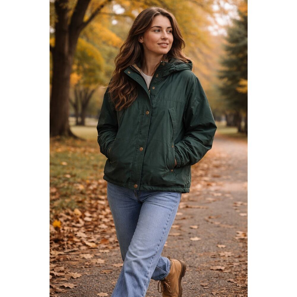 vintage Eddie Bauer Women's Green Lined Hooded polartec Mid-Length Jacket XS